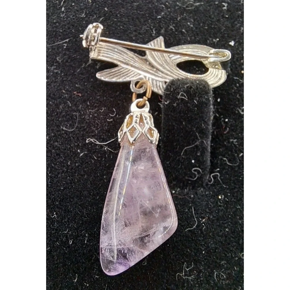 Vintage Silver Tone Bow Brooch with Pink Stone Dangle Rose Quartz Style Pin